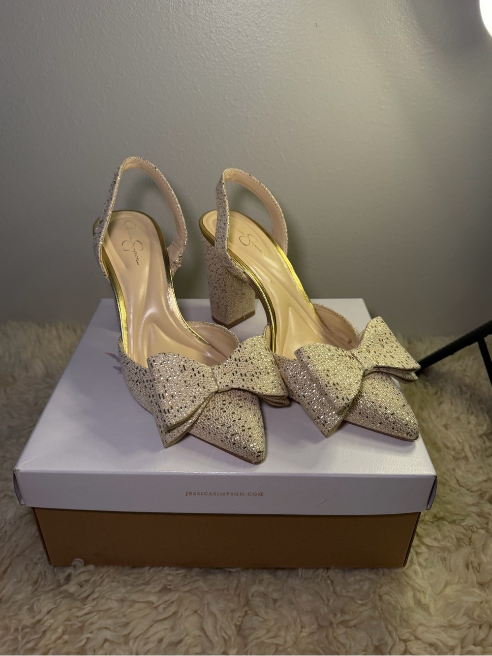 Jessica Simpson Glitter Bow Slingback Heels in Gold